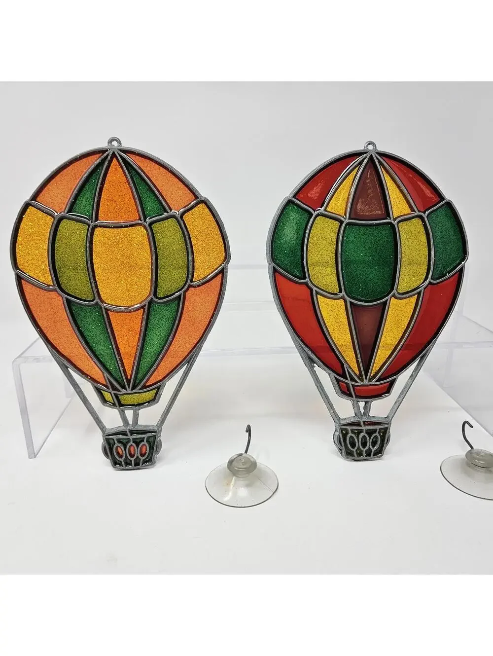 2 Vntg Multicolor Plexiglass Acrylic Hot Air Balloon Suncatchers Ornaments 7.25